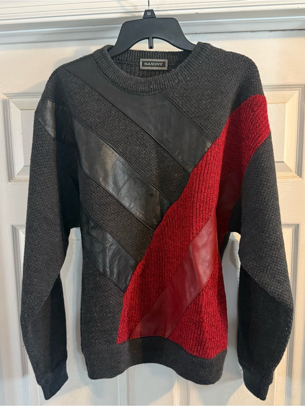 Vtg Saxony Sweater Mens L Gray Red Leather  Knit Abstract 80s 90s Coogi Style 3D